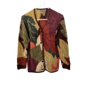 Northern Isles Wool Blend Leaves Knit Cardigan Sweater Multicolor Size Small